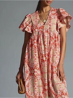 Maeve by Anthropologie printed flutter-sleeve babydoll dress XS pockets boho